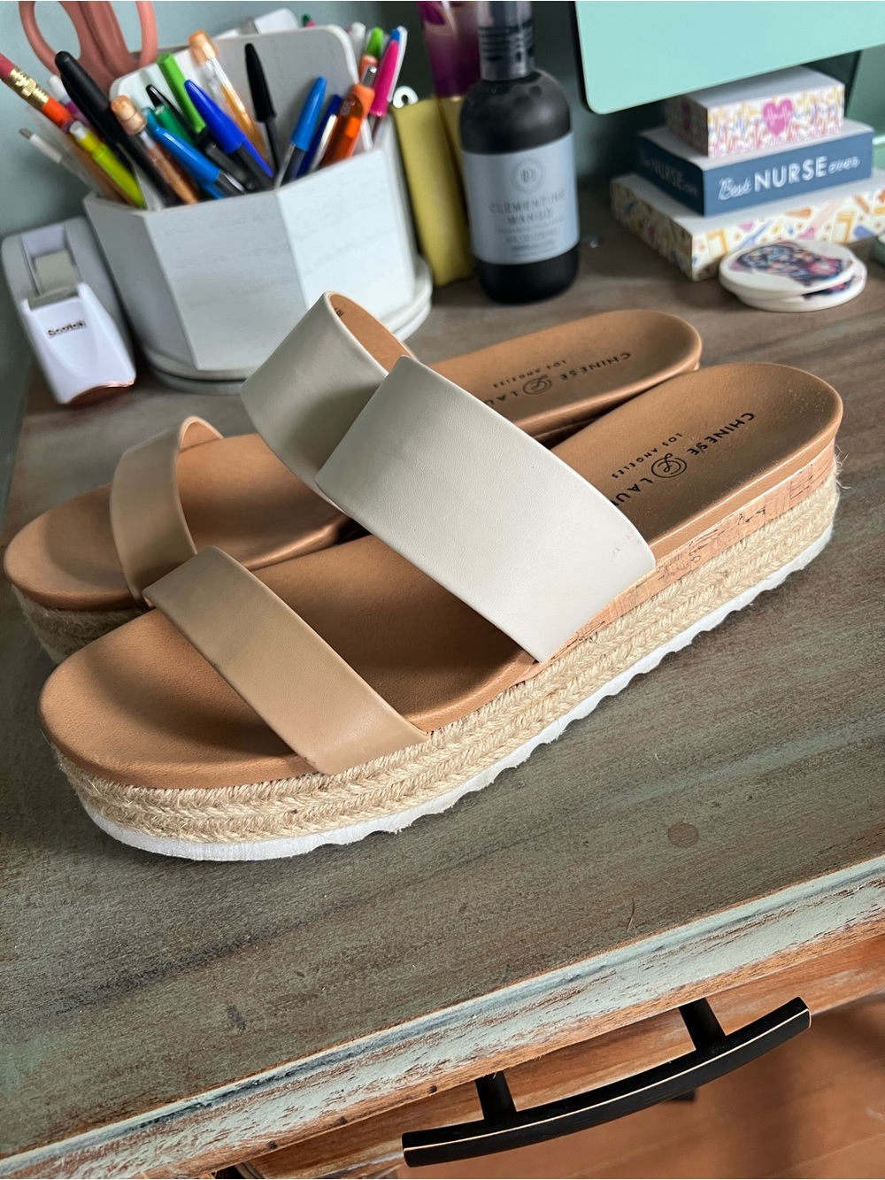 Chinese Laundry Cream Platform Espadrille Slide Sandals